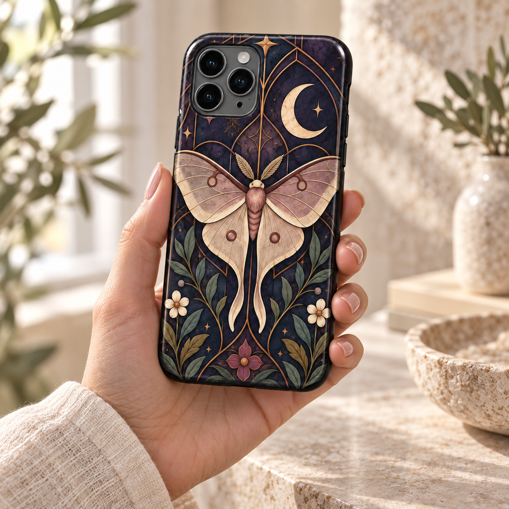 Lunar Cathedral — Indigo Nocturne — coque tenue en main à la lumière naturelle