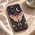 Lunar Cathedral — Indigo Nocturne — coque posée sur pierre claire et lin