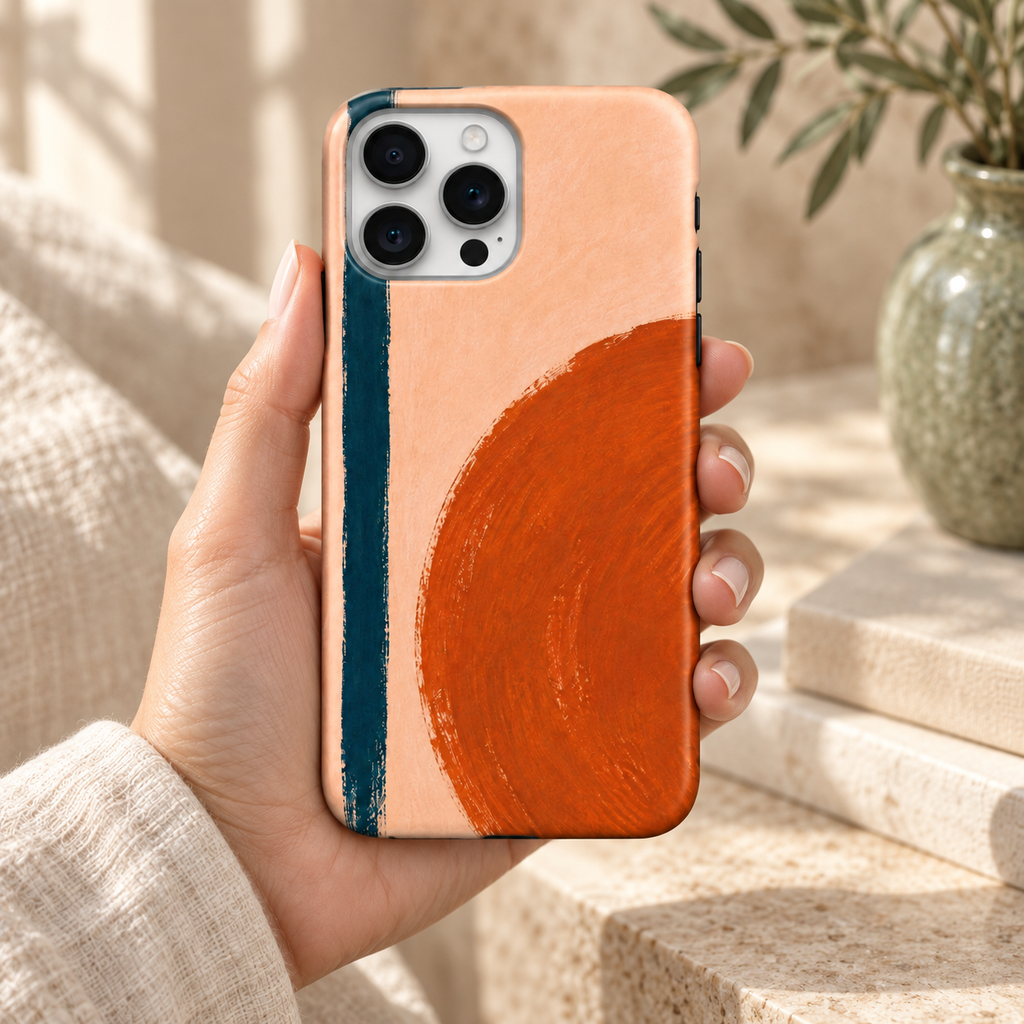 Coque Géométrie orange tenue en main, grand cercle orange et trait bleu pétrole sur fond pêche, décor crème naturel.