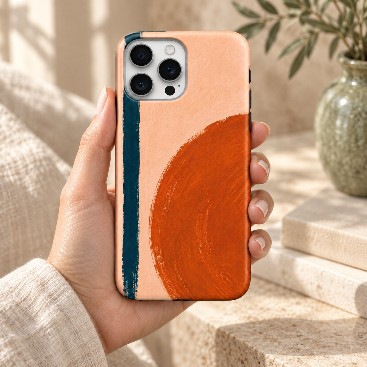 Coque Géométrie orange tenue en main, grand cercle orange et trait bleu pétrole sur fond pêche, décor crème naturel.