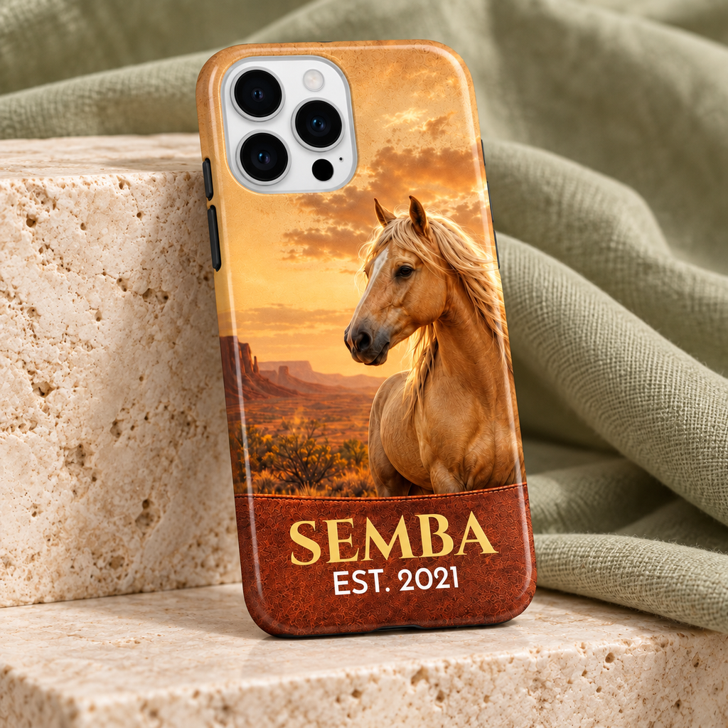 Détail de la coque Western SEMBA en vue de trois quarts, motif cheval et paysage doré.