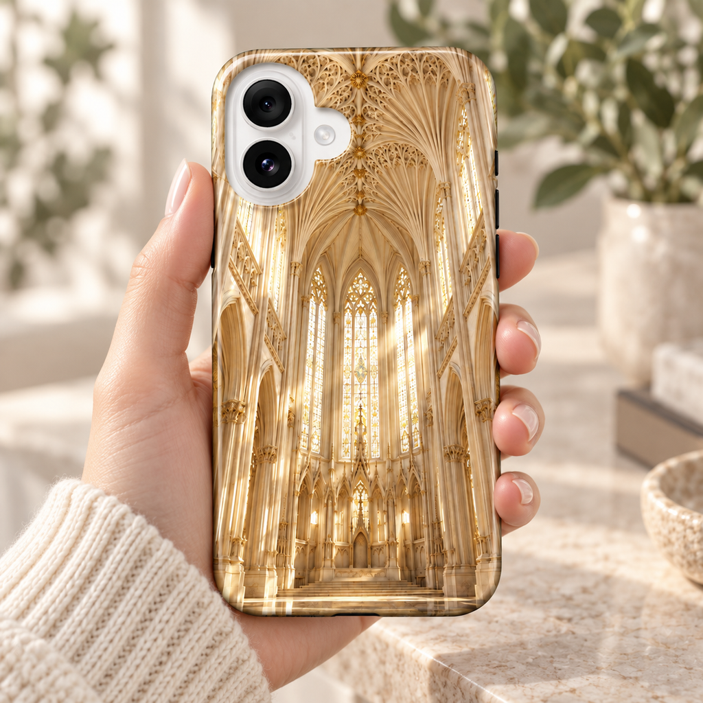 Crimson Cathedral — Ivory Sanctuary — coque tenue en main à la lumière naturelle