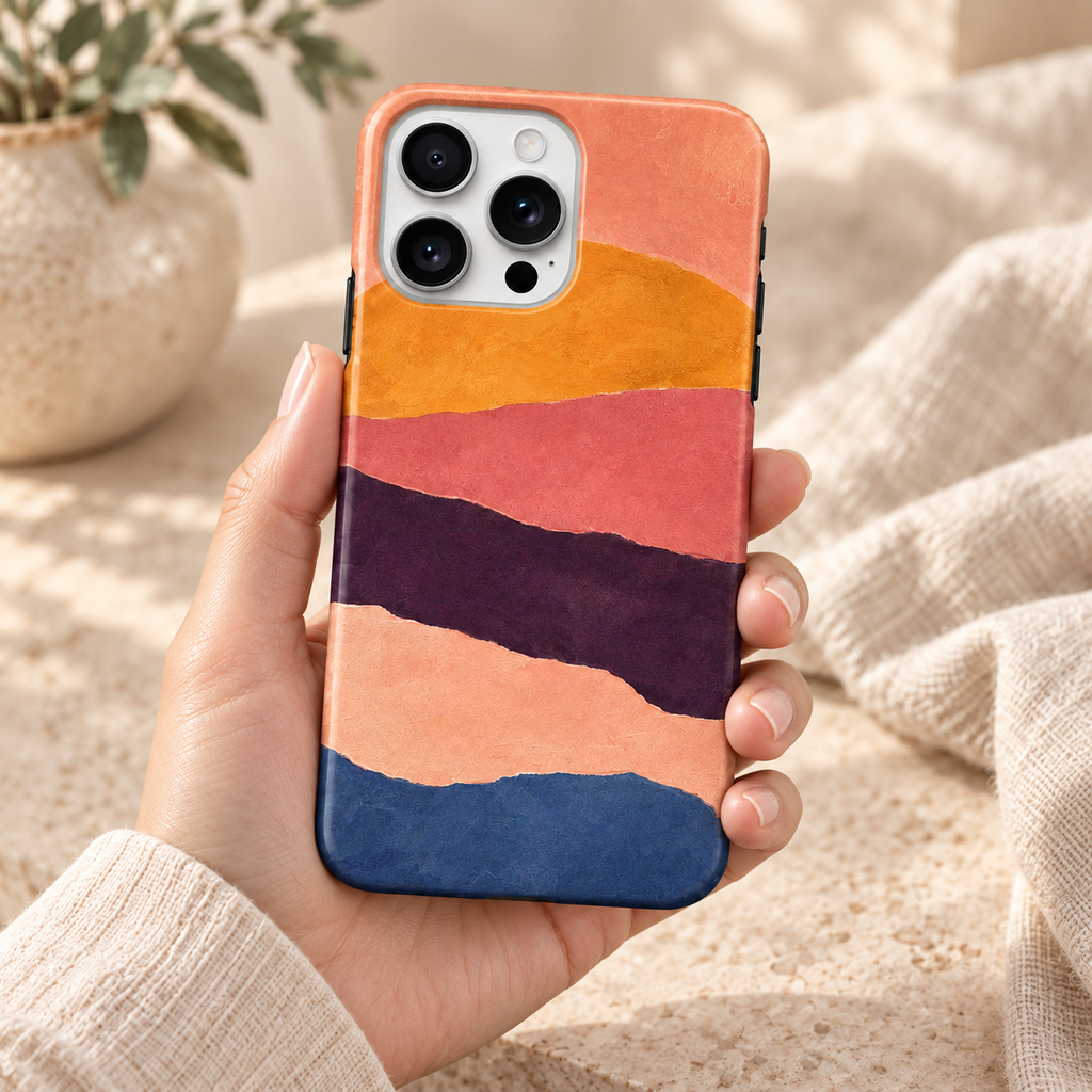 Coque Horizon au couchant tenue en main, dans une lumière naturelle et un décor crème.