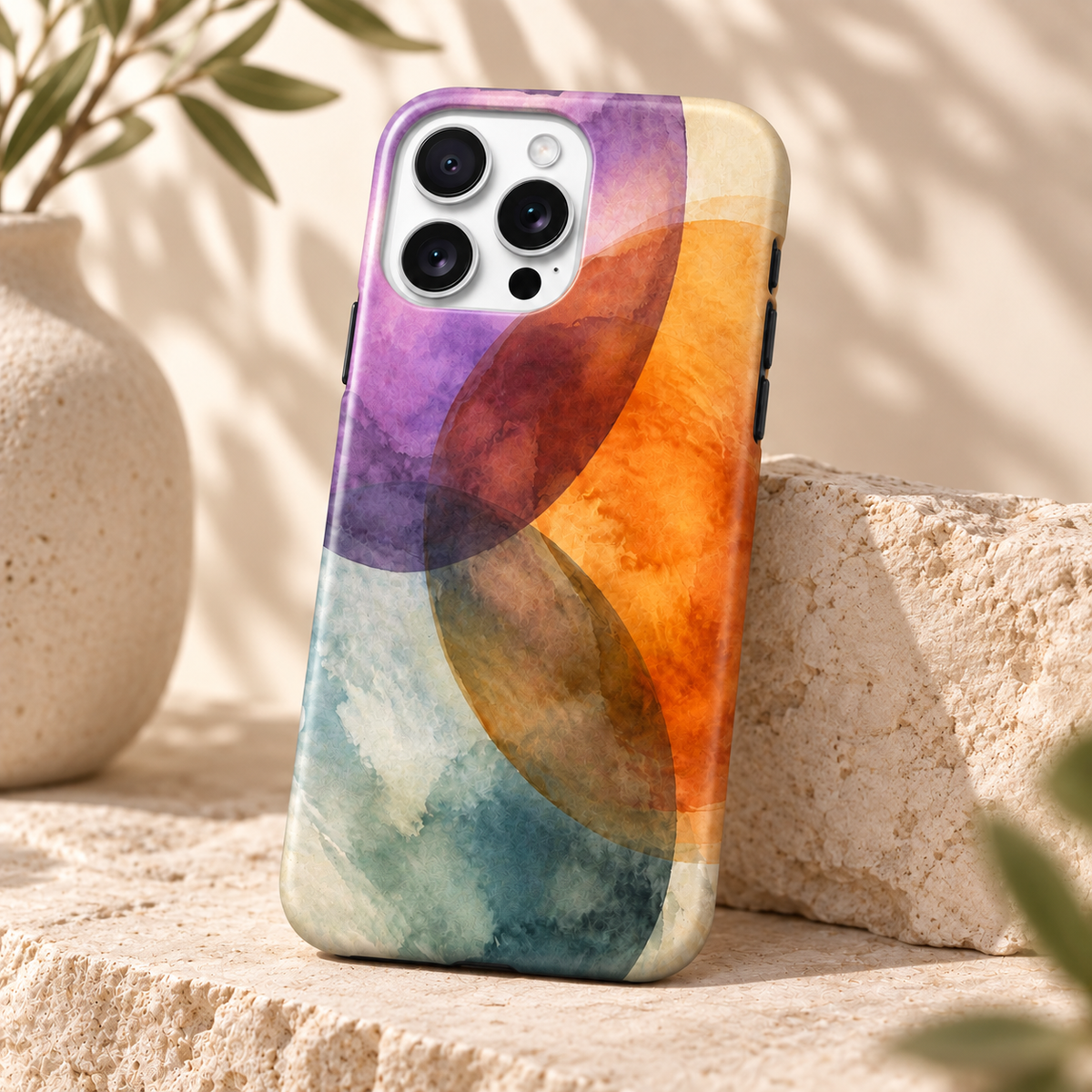 Vue de trois quarts de la coque Aquarelle vibrante et de son motif abstrait imprimé.