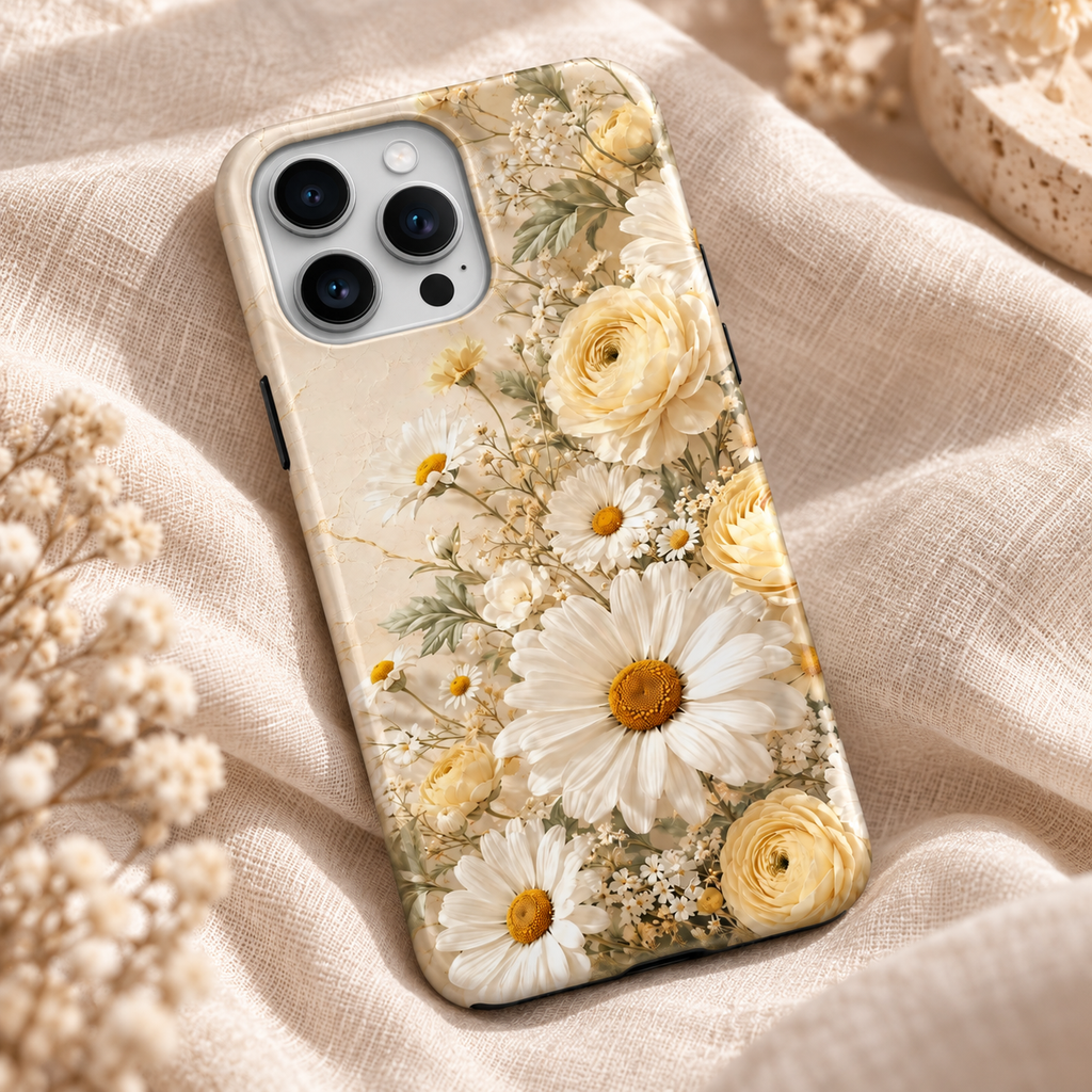 Vue rapprochée de la coque Botanique jaune et de son motif floral imprimé sur une surface lisse.