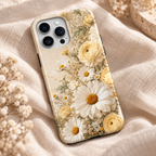 Vue rapprochée de la coque Botanique jaune et de son motif floral imprimé sur une surface lisse.