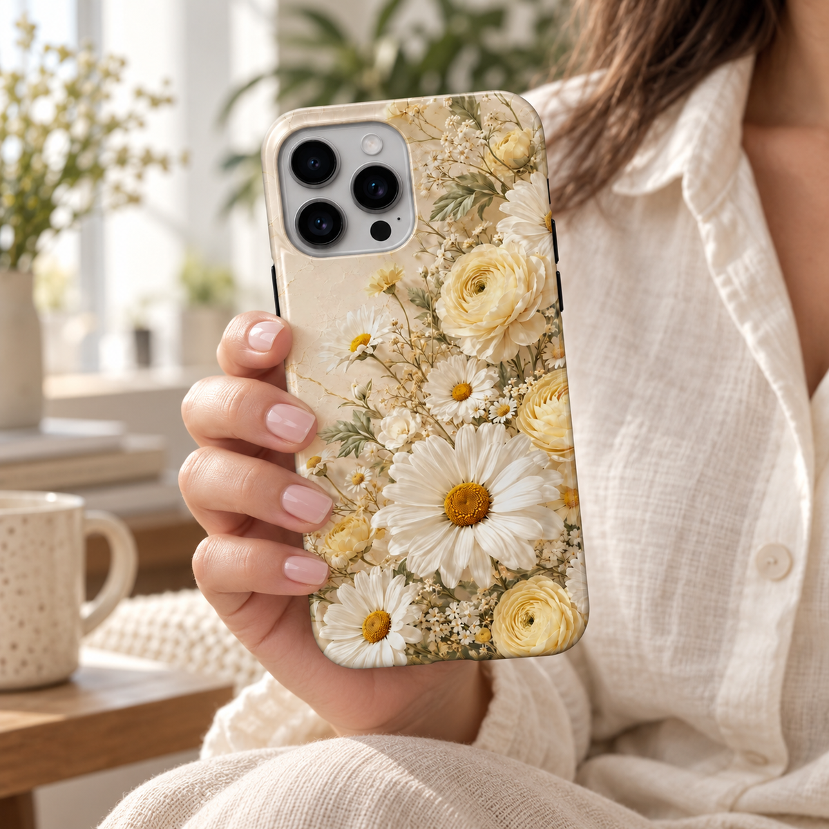 Coque Botanique jaune à fleurs imprimées, tenue en main dans un intérieur lumineux.