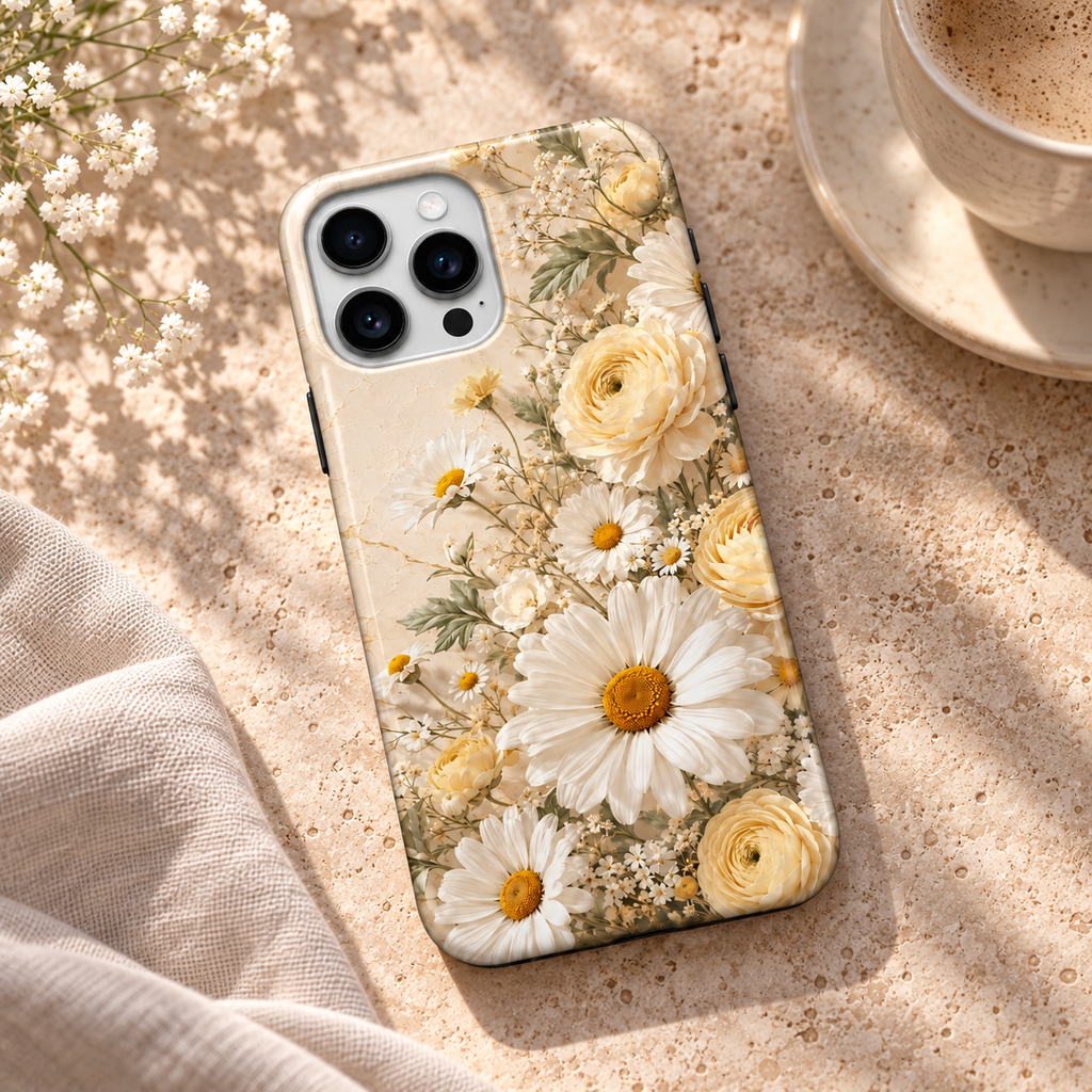 Coque Botanique jaune à marguerites et roses pâles, posée sur une table en travertin.