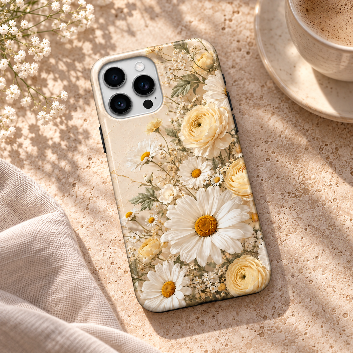 Coque Botanique jaune à marguerites et roses pâles, posée sur une table en travertin.