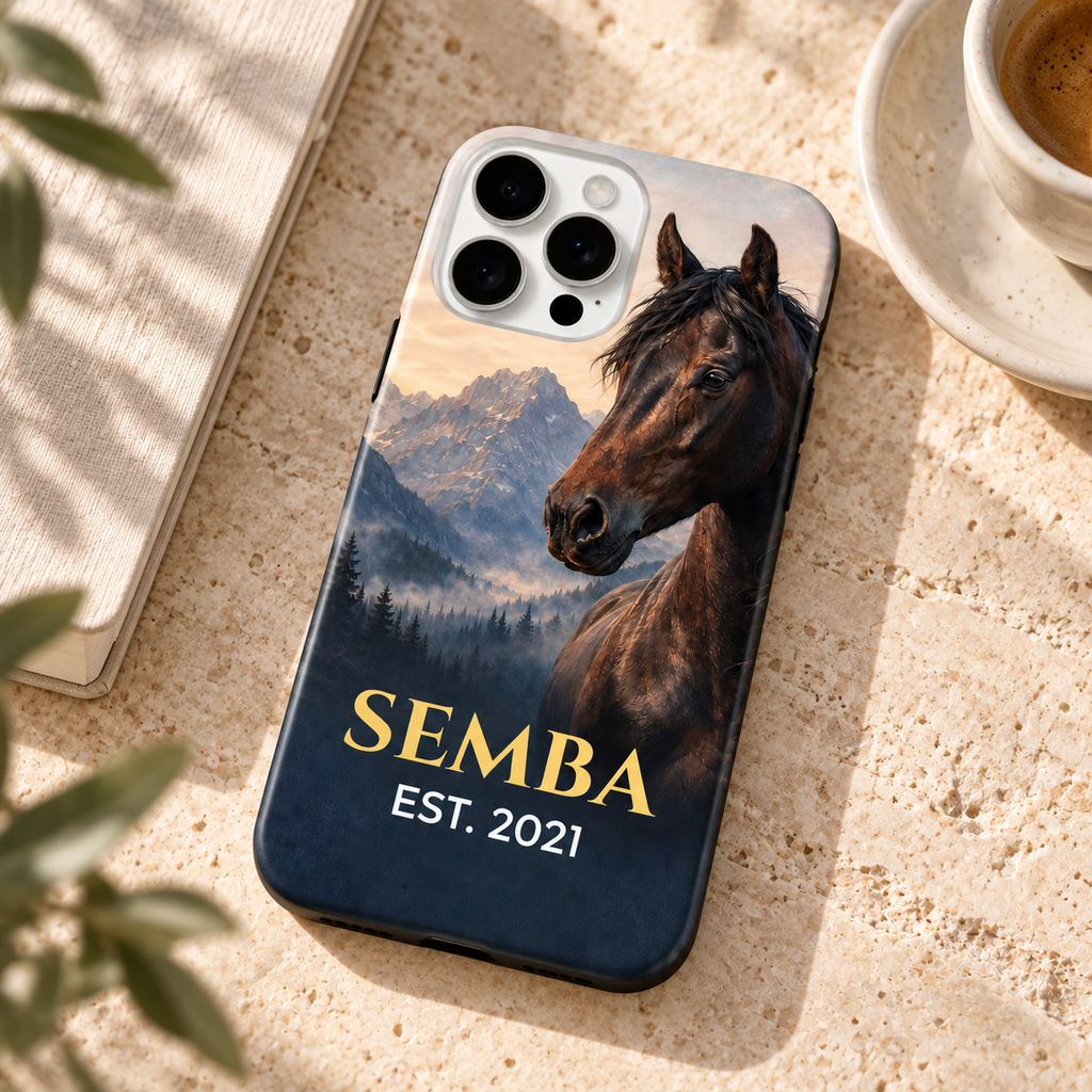 Coque SEMBA avec cheval et paysage de montagne, posée sur une table en pierre.