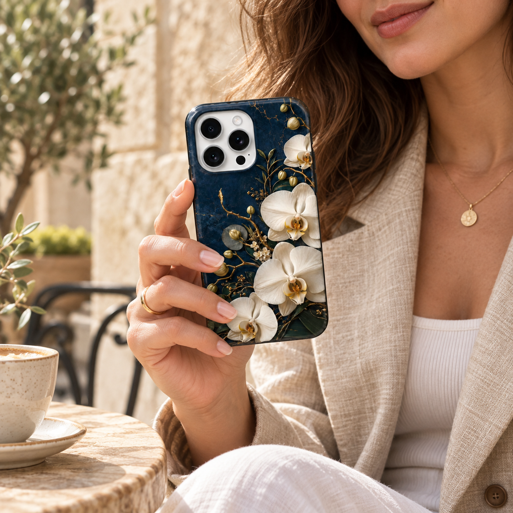 Coque Orchidées de nuit à orchidées ivoire imprimées sur fond bleu nuit, tenue en main.