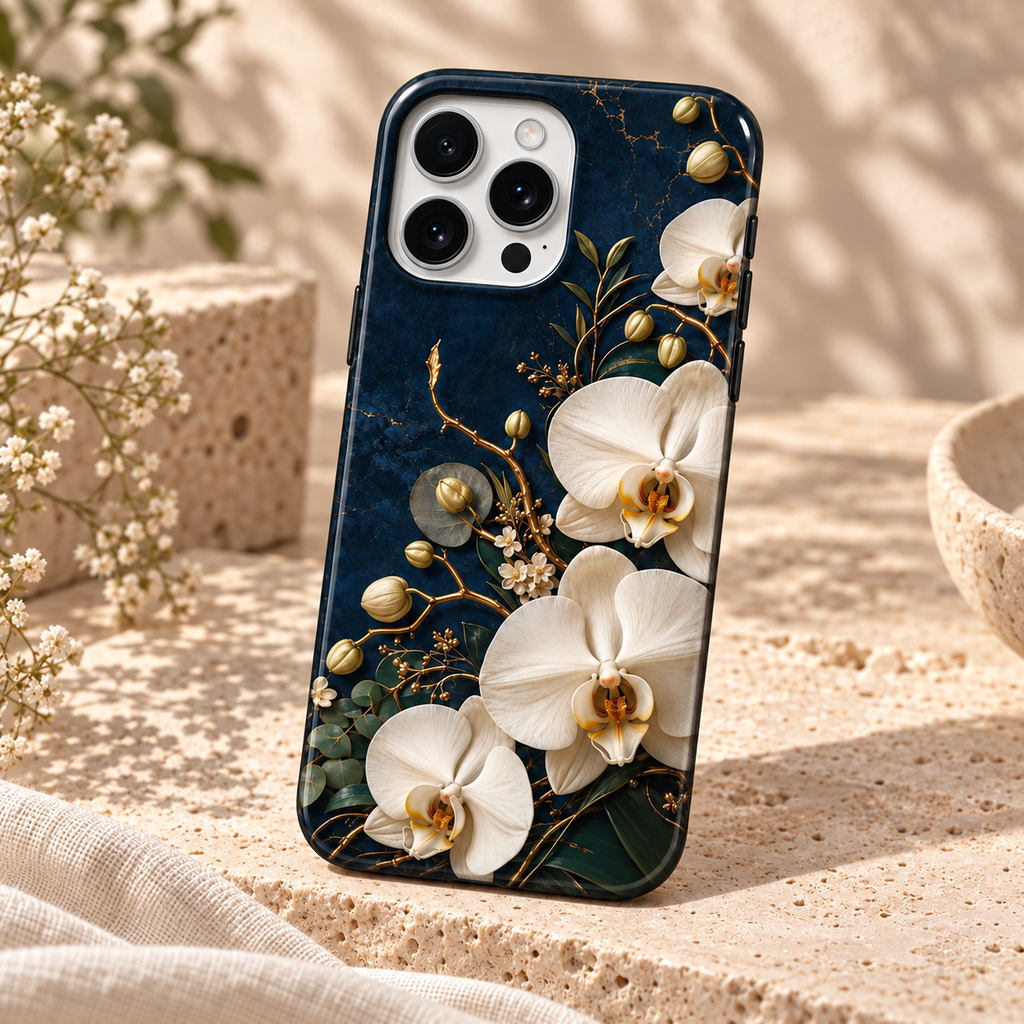 Coque Orchidées de nuit présentée sur du travertin dans une lumière naturelle.