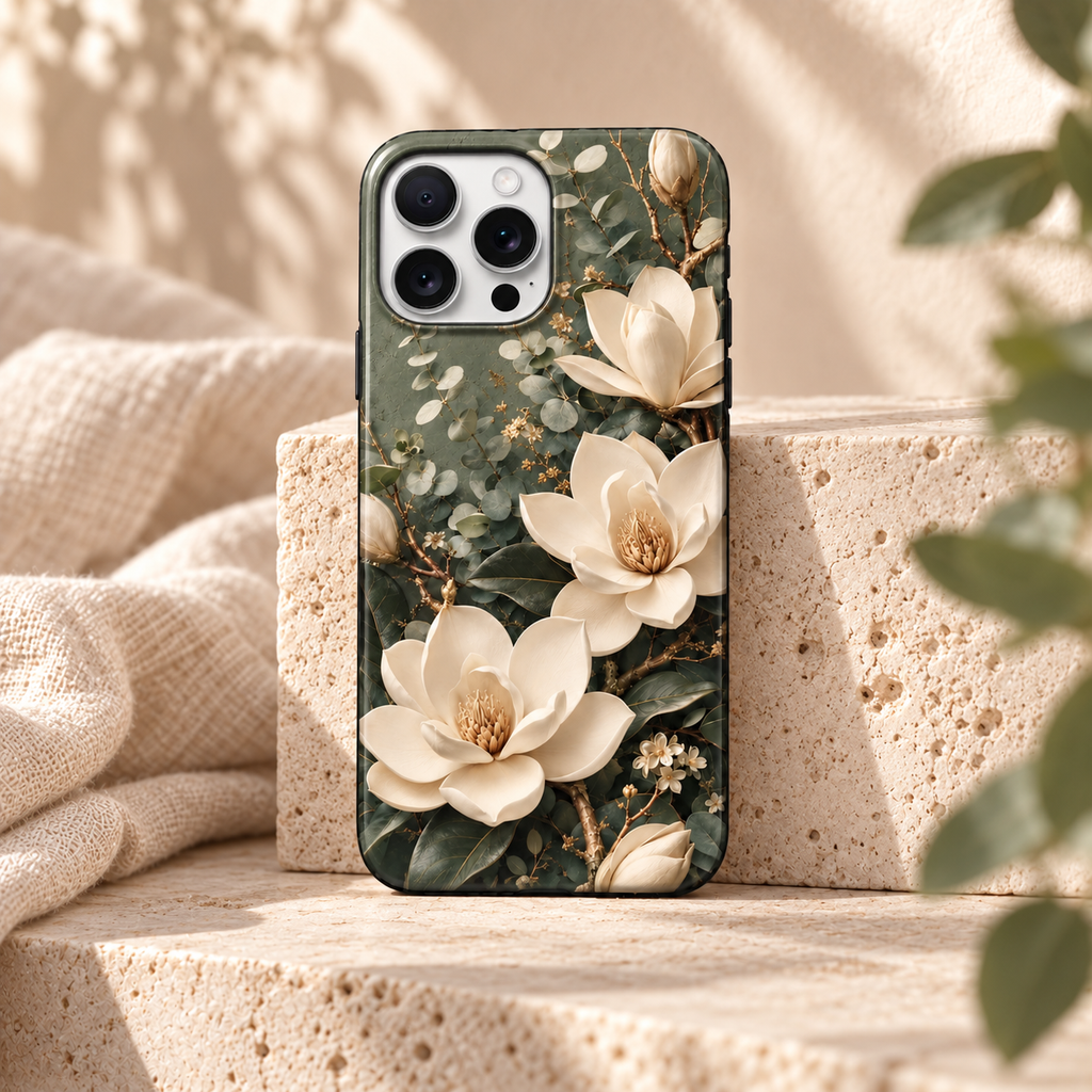 Coque Magnolia sauge devant un bloc de travertin et du lin clair.