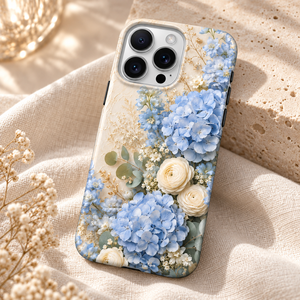 Gros plan de trois quarts sur le motif imprimé de la coque Hortensias bleus.