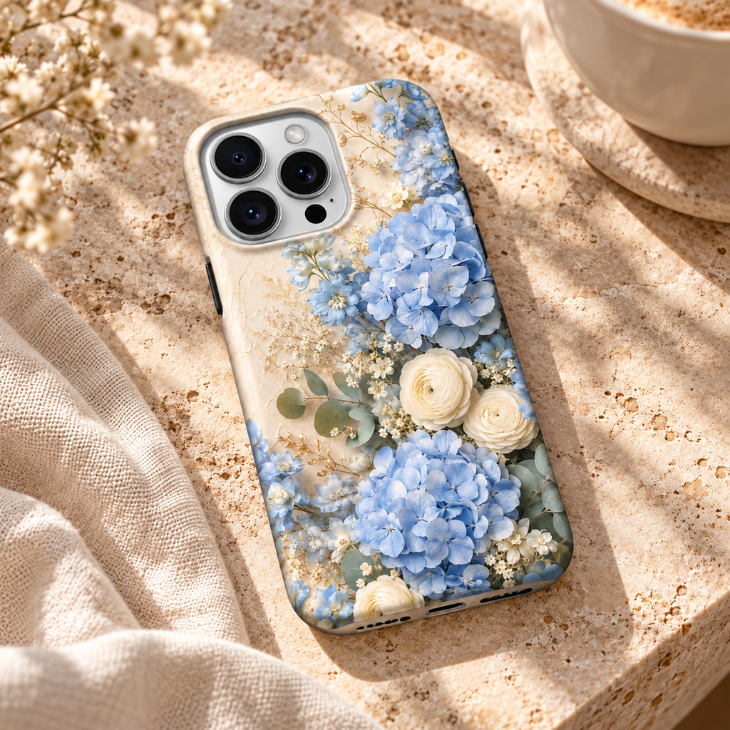 Coque Hortensias bleus à fleurs bleues et ivoire imprimées, posée sur une table claire.