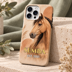 Vue de trois quarts de la coque cheval bohème SEMBA et de ses détails imprimés.
