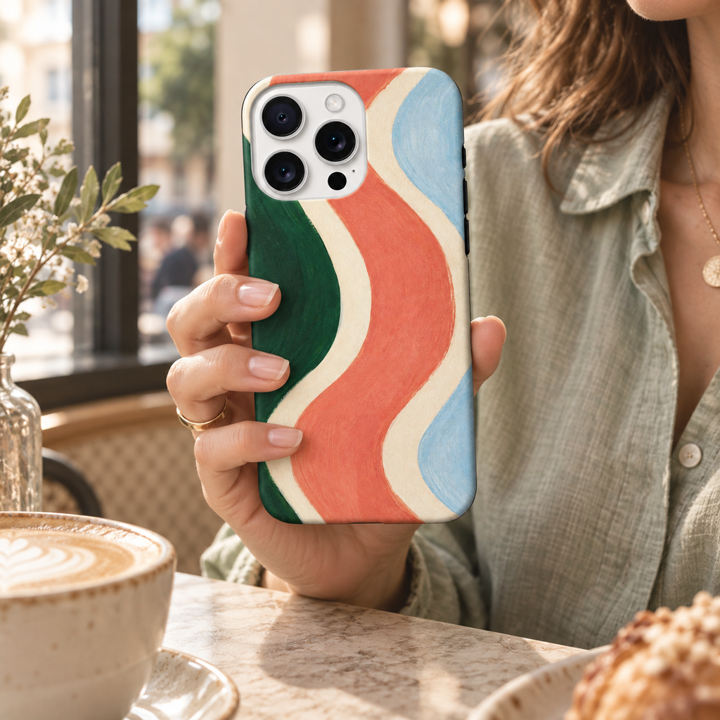 Coque Ondulations colorées tenue en main dans un café, avec son motif abstrait imprimé.