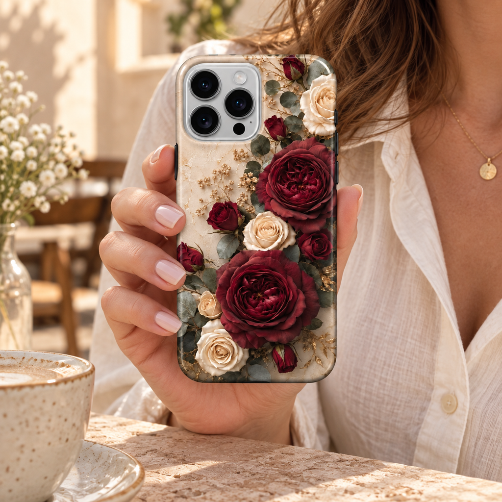 Coque Roses bordeaux à fleurs imprimées, tenue en main dans un café.