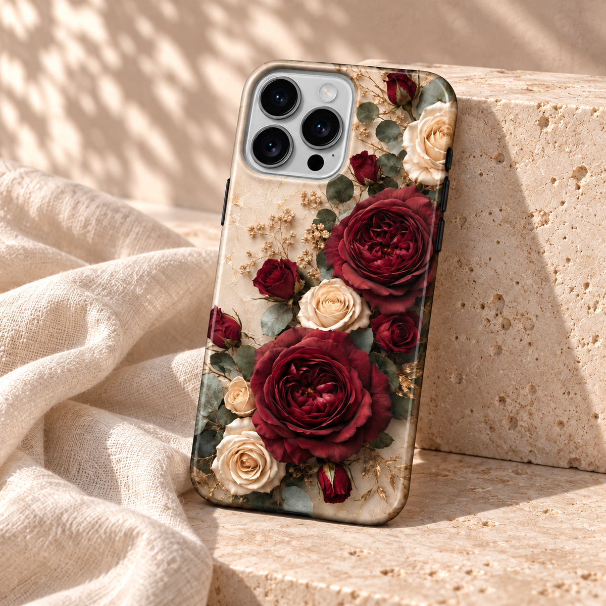 Coque Roses bordeaux présentée contre un bloc de pierre crème.