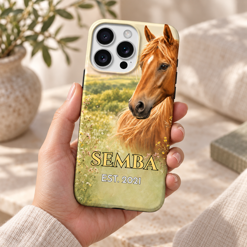 Coque Cheval de printemps tenue en main, dans une lumière naturelle et un décor crème.