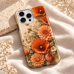 Vue rapprochée du motif floral orange et pêche de la coque Coquelicots terracotta.
