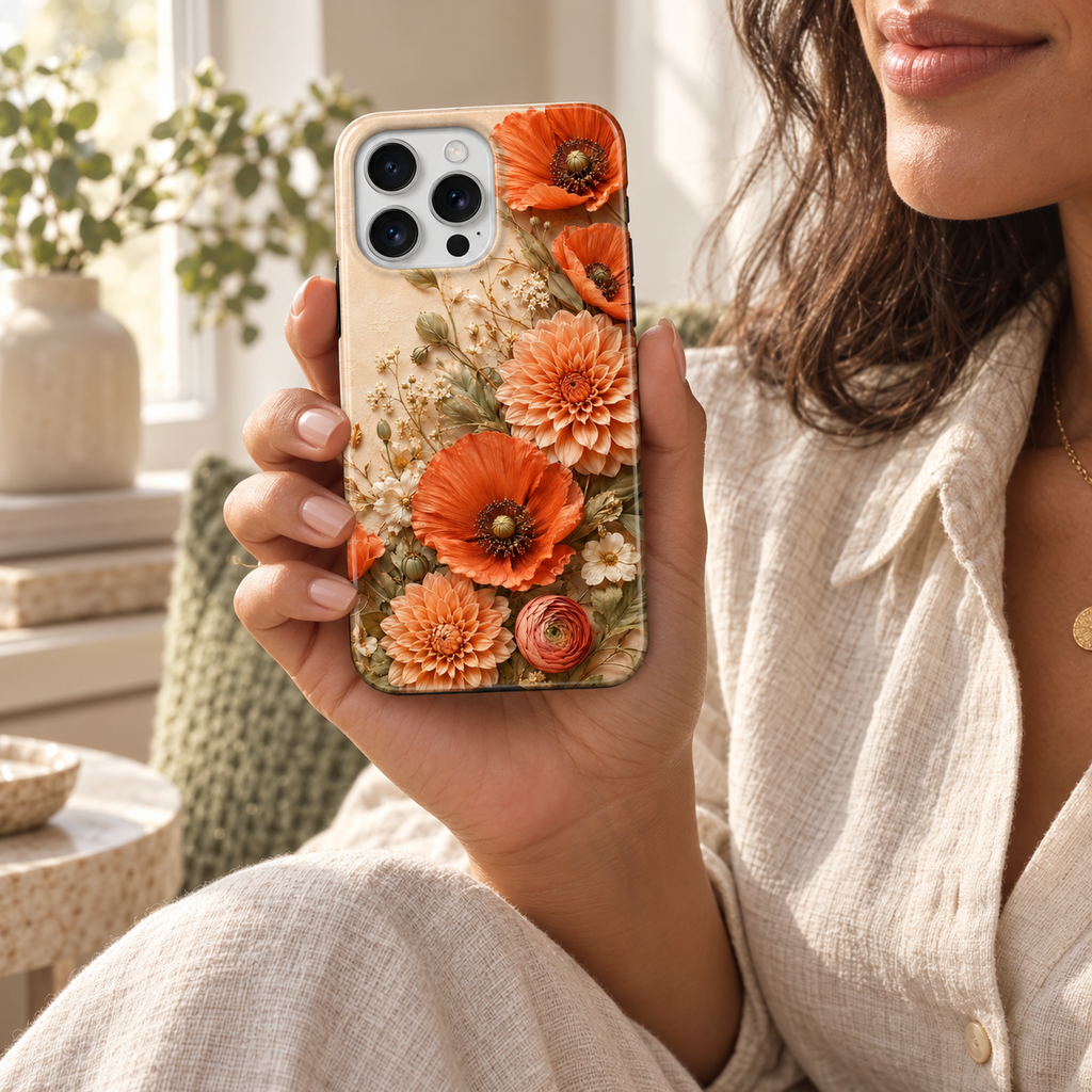 Coque Coquelicots terracotta tenue en main, coquelicots orange imprimés sur fond crème.