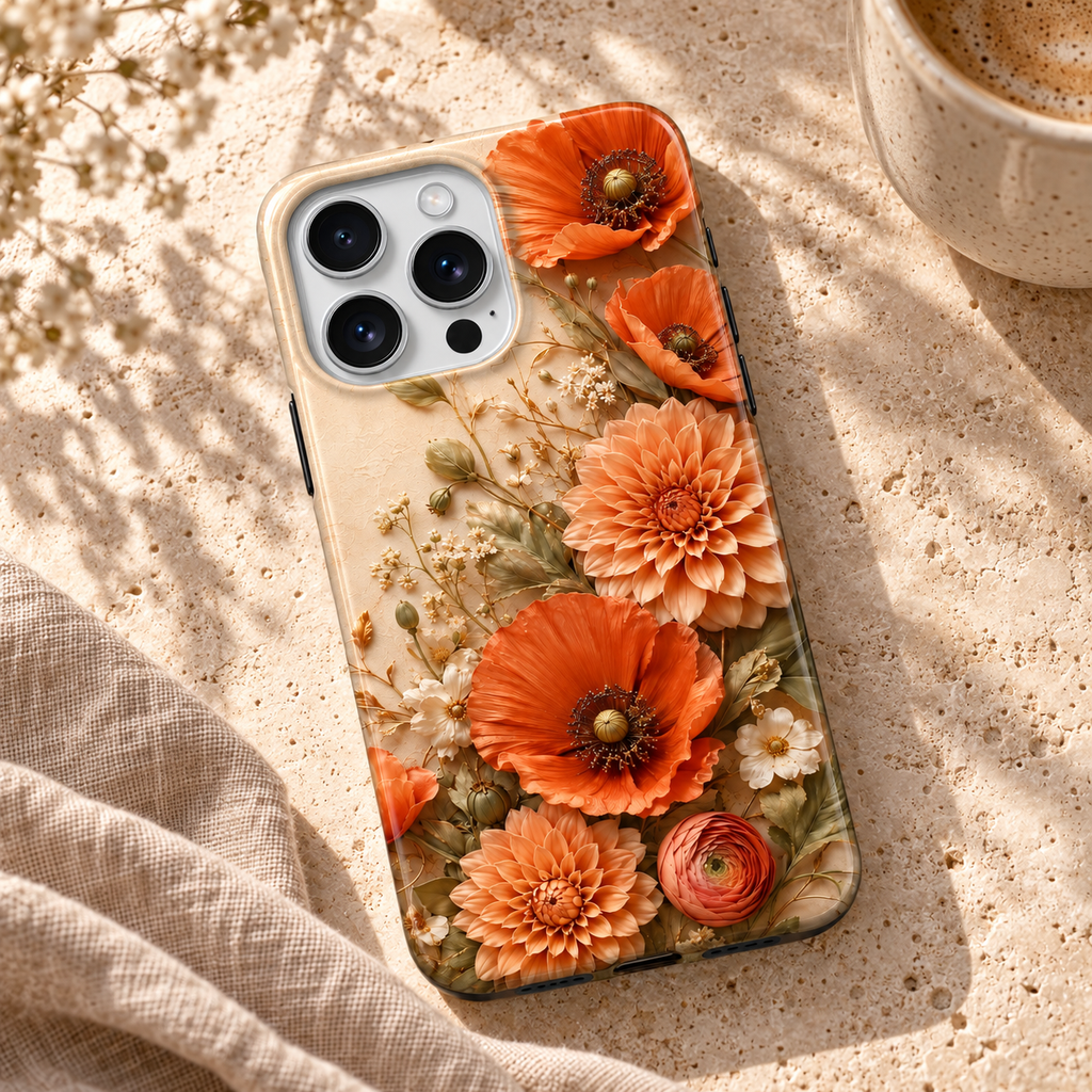 Coque Coquelicots terracotta posée sur du travertin clair dans une lumière naturelle.