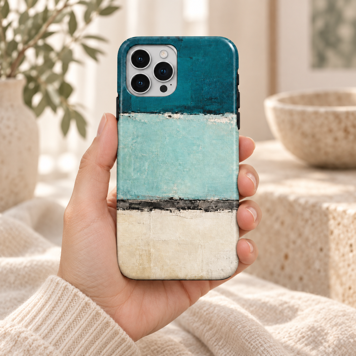 Coque Bleu canard à motif abstrait tenue en main dans un décor crème et pierre claire