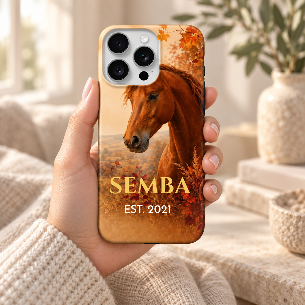 Coque Cheval d’automne personnalisée SEMBA EST. 2021 tenue en main dans un intérieur crème