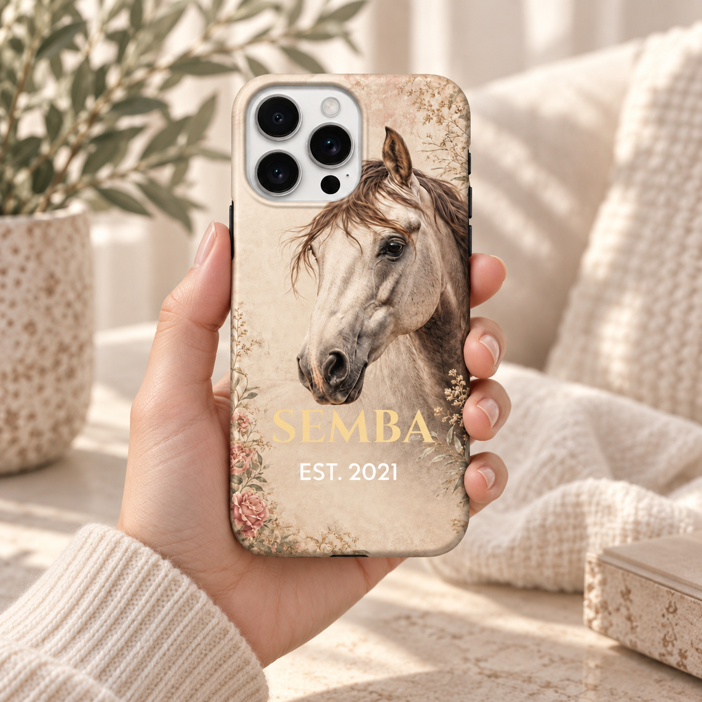 Coque Cheval en fleurs personnalisée SEMBA EST. 2021 tenue en main dans un décor crème