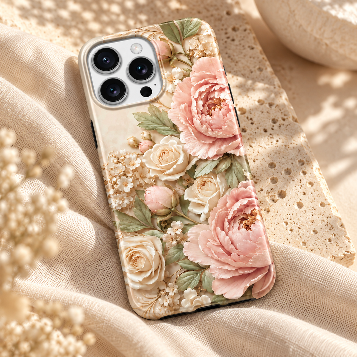 Vue rapprochée de trois quarts de la coque Pivoines roses à motif floral imprimé.