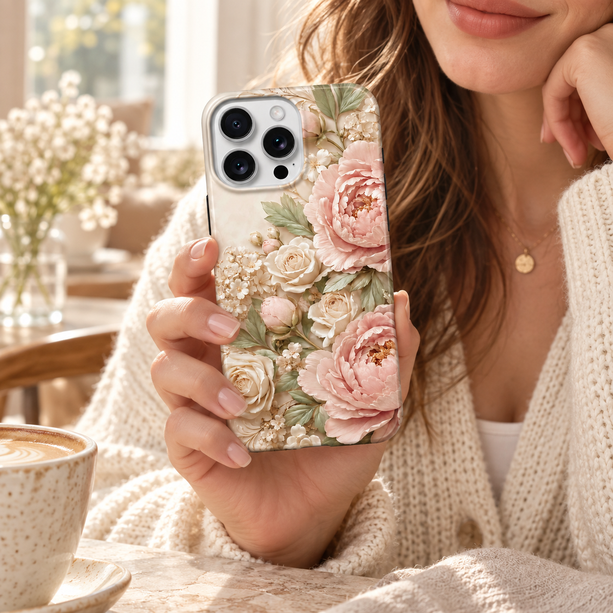 Coque Pivoines roses tenue en main, motif rose poudré et ivoire visible.