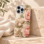 Coque Pivoines roses posée contre du travertin avec du lin clair.