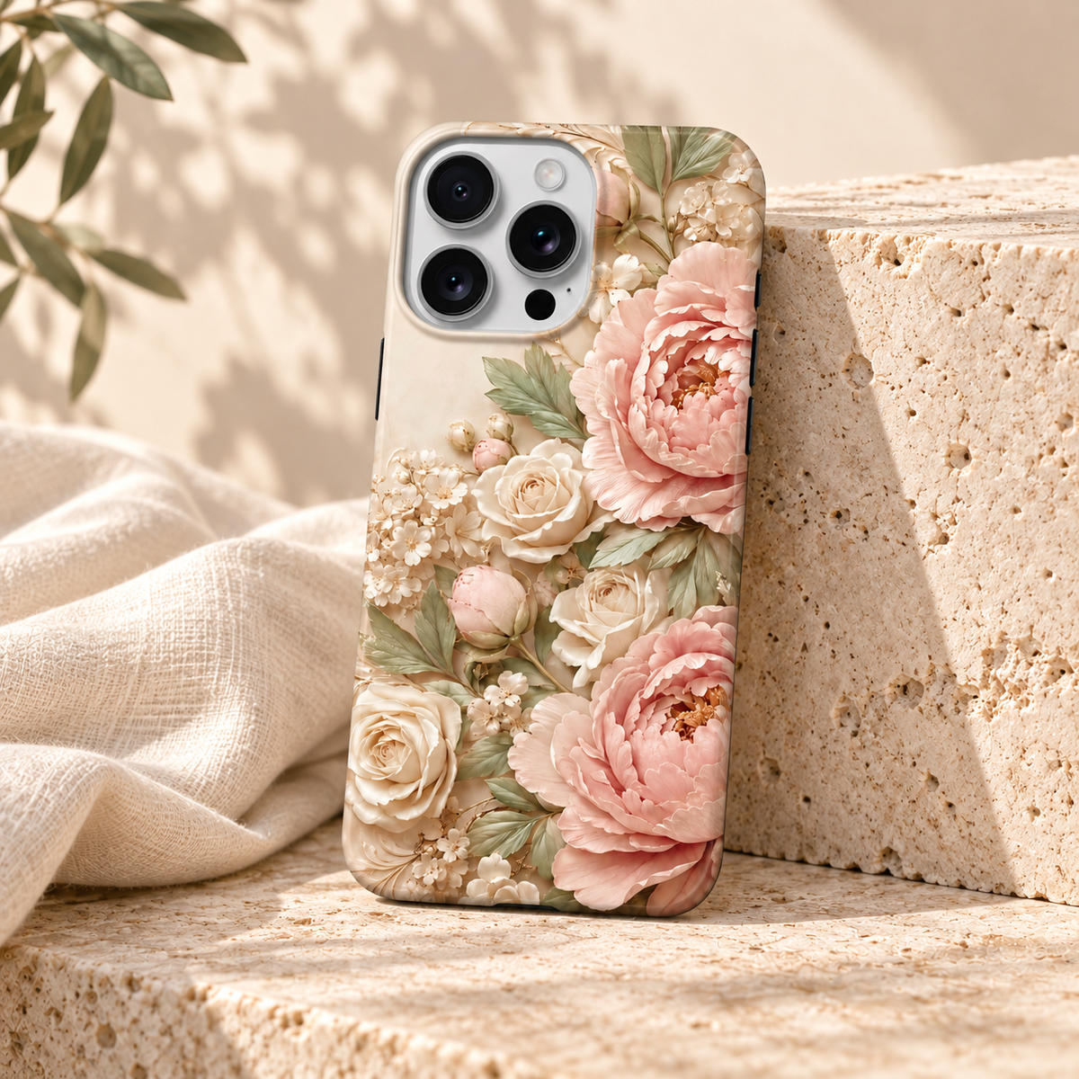 Coque Pivoines roses posée contre du travertin avec du lin clair.