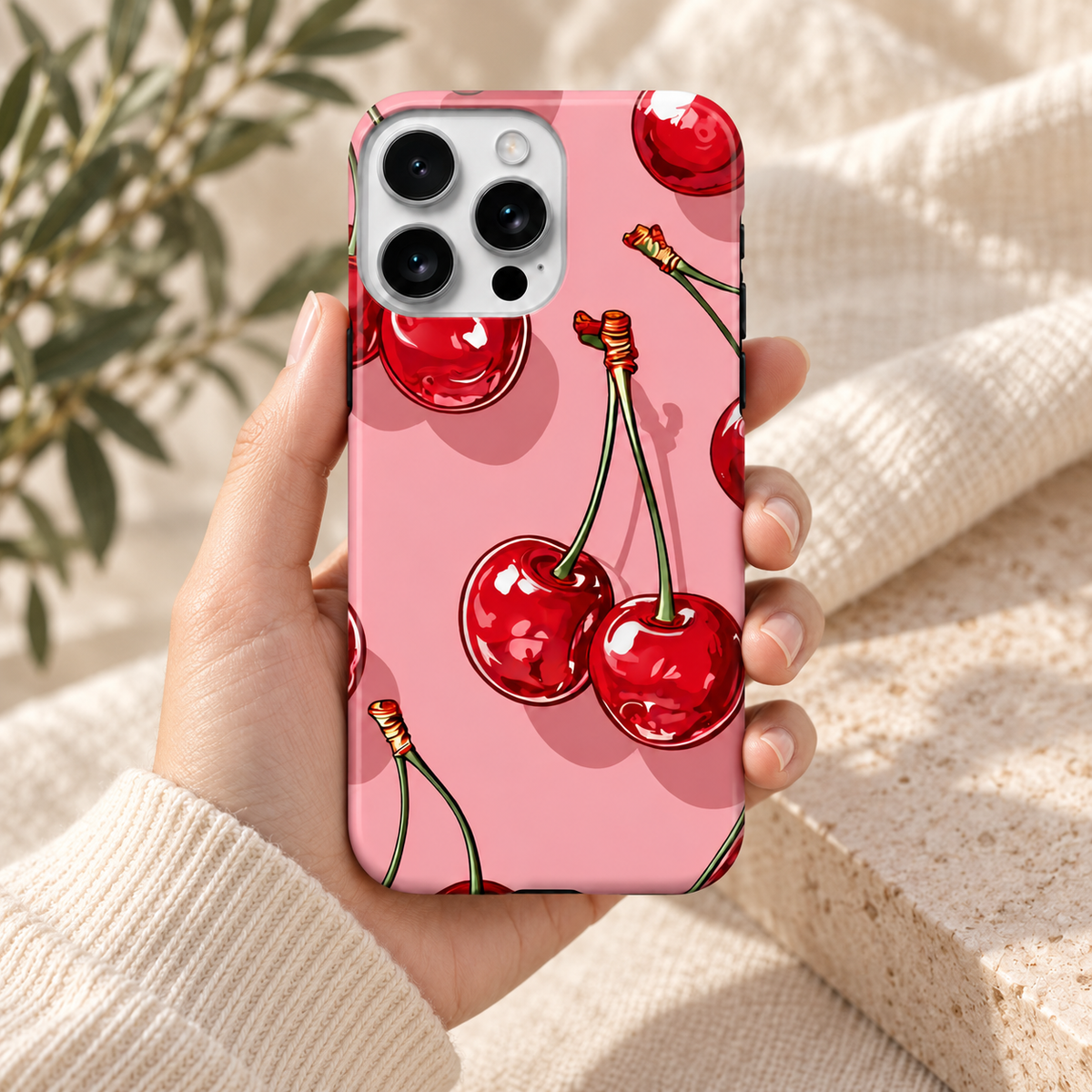 Coque rose Cerises tenue en main, illustration de cerises rouges sur fond rose