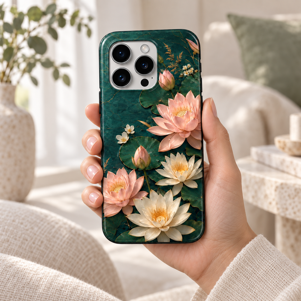 Coque Jardin de lotus tenue en main, fleurs roses et ivoire imprimées sur fond jade