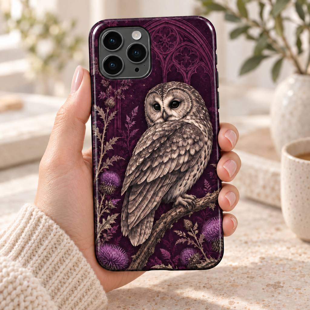 Hibou & Lune — Violet botanique — coque tenue en main à la lumière du jour