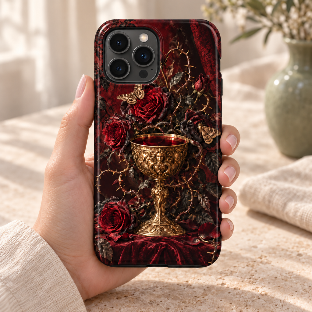 Coque Crimson Nectar tenue en main, calice doré, roses bordeaux et motifs gothiques imprimés, décor naturel crème.