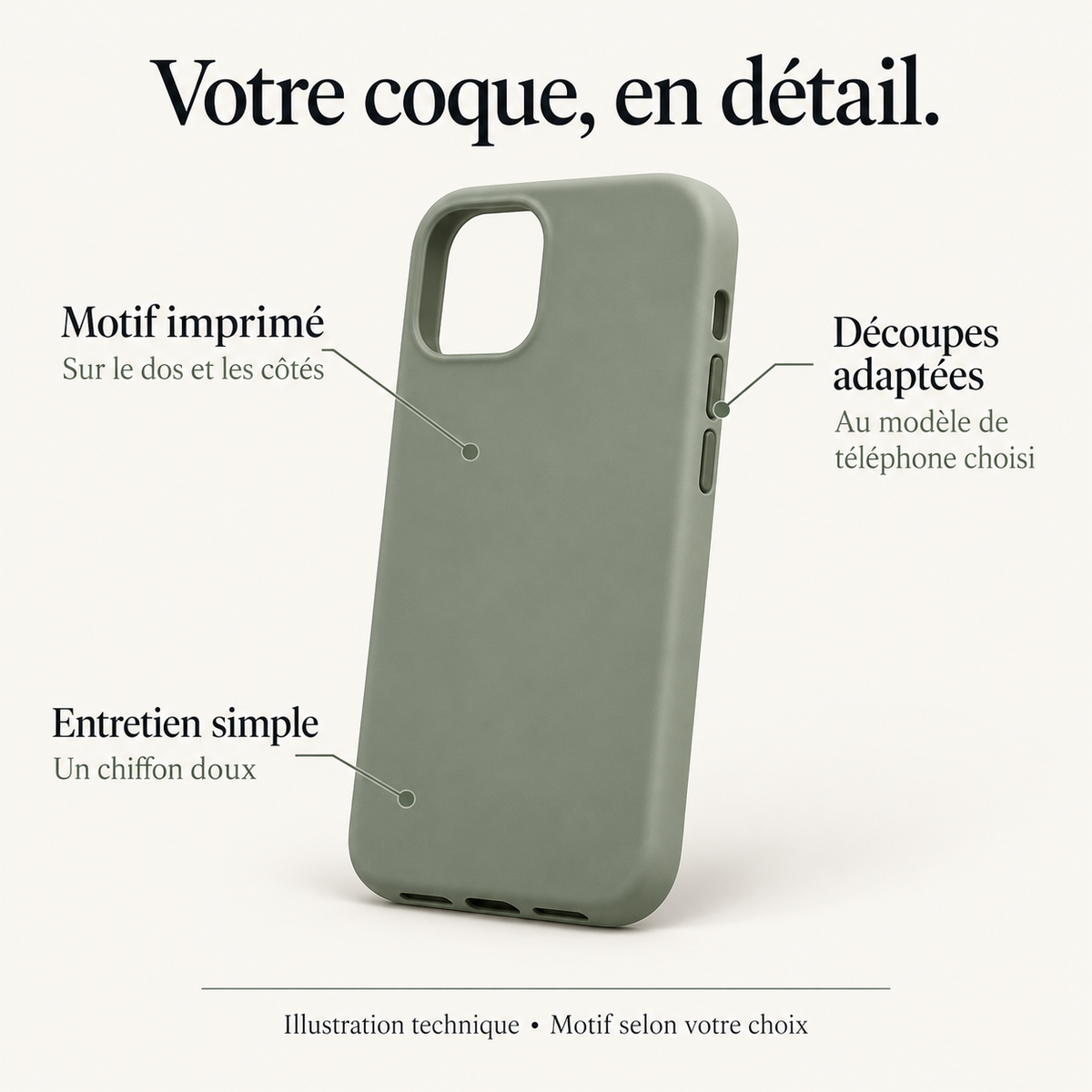 Illustration technique de la coque : motif imprimé sur le dos et les côtés, découpes adaptées au modèle et entretien avec un chiffon doux.
