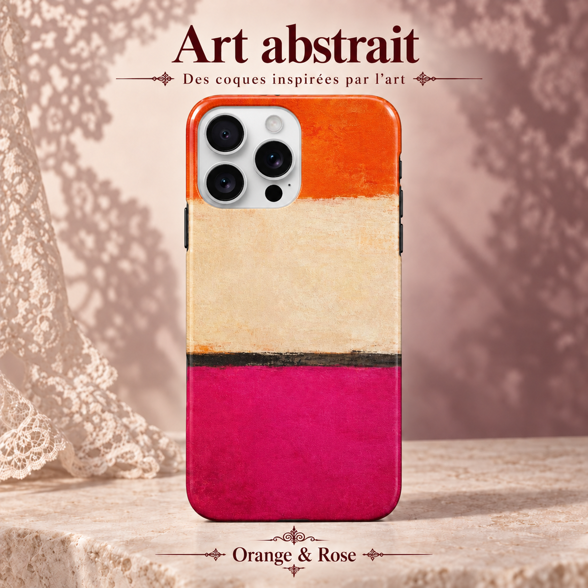 Art abstrait — Orange & Rose — coque illustrée sur fond rose poudré