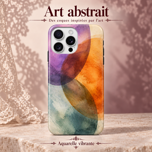 Art abstrait — Aquarelle vibrante — coque illustrée sur fond rose poudré