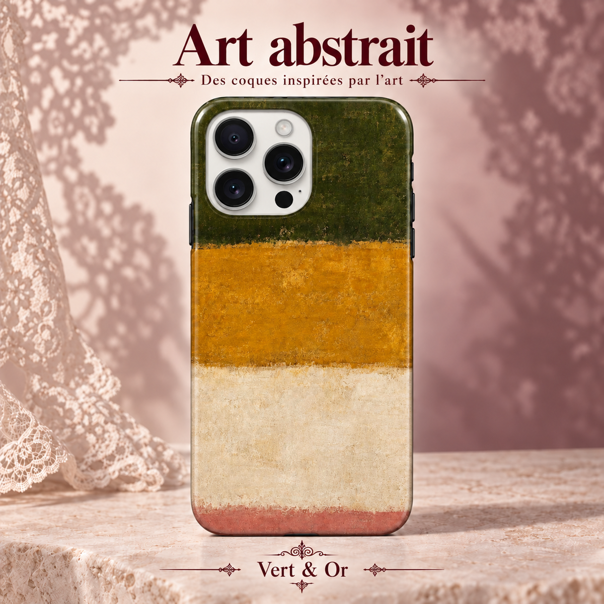Art abstrait — Vert & Or — coque illustrée sur fond rose poudré