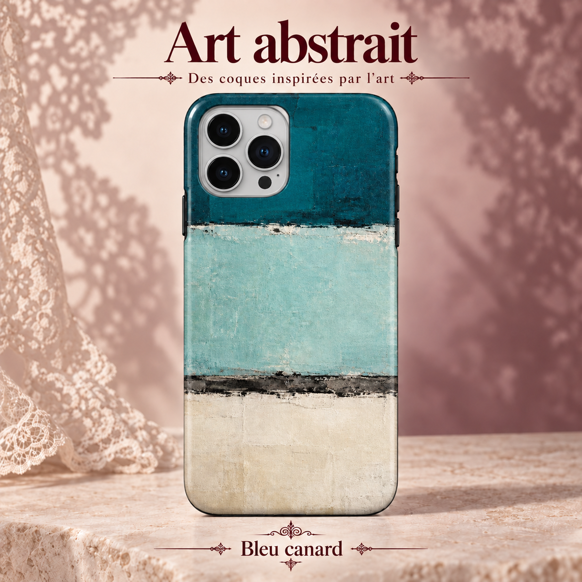 Art abstrait — Bleu canard — coque illustrée sur fond rose poudré