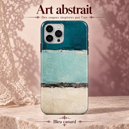 Art abstrait — Bleu canard — coque illustrée sur fond rose poudré