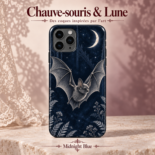 Chauve-souris & Lune — Bleu nuit — coque illustrée sur fond rose poudré et dentelle