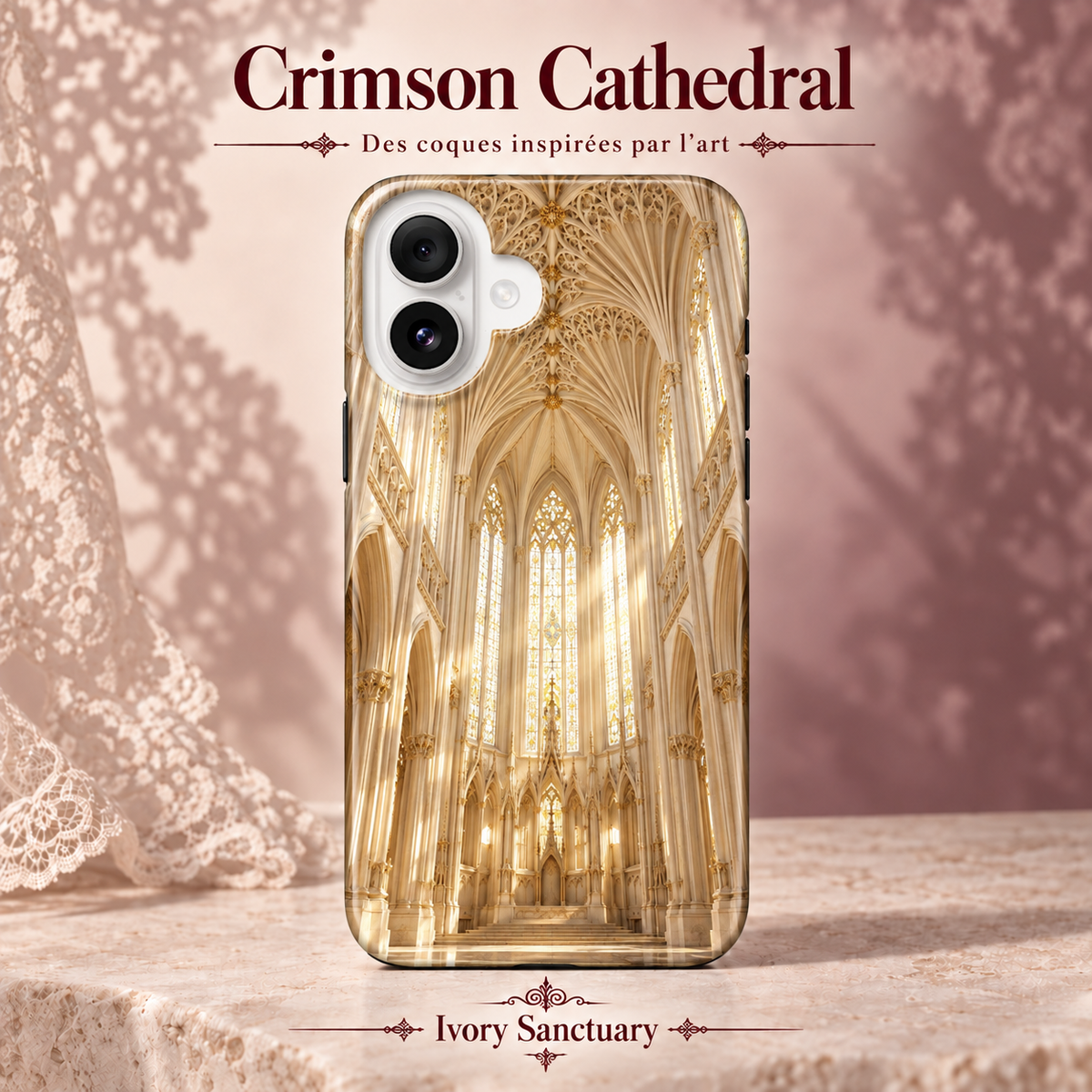 Crimson Cathedral — Ivory Sanctuary — coque illustrée sur fond rose poudré et dentelle