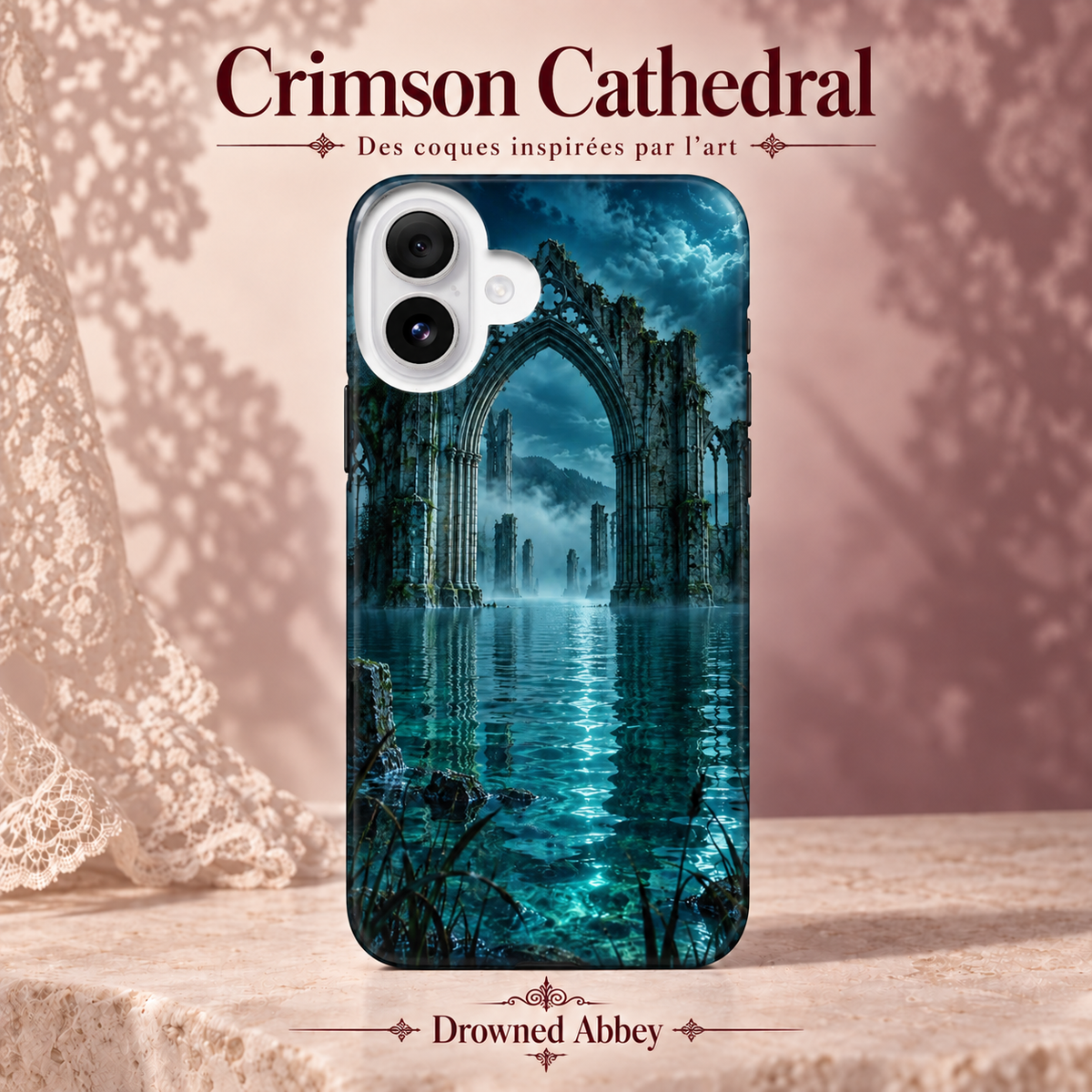 Crimson Cathedral — Drowned Abbey — coque illustrée sur fond rose poudré et dentelle