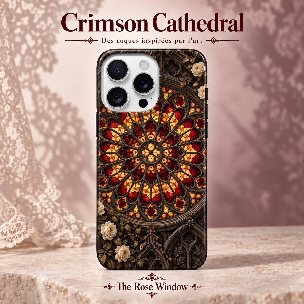 Crimson Cathedral — The Rose Window — coque illustrée sur fond rose poudré et dentelle