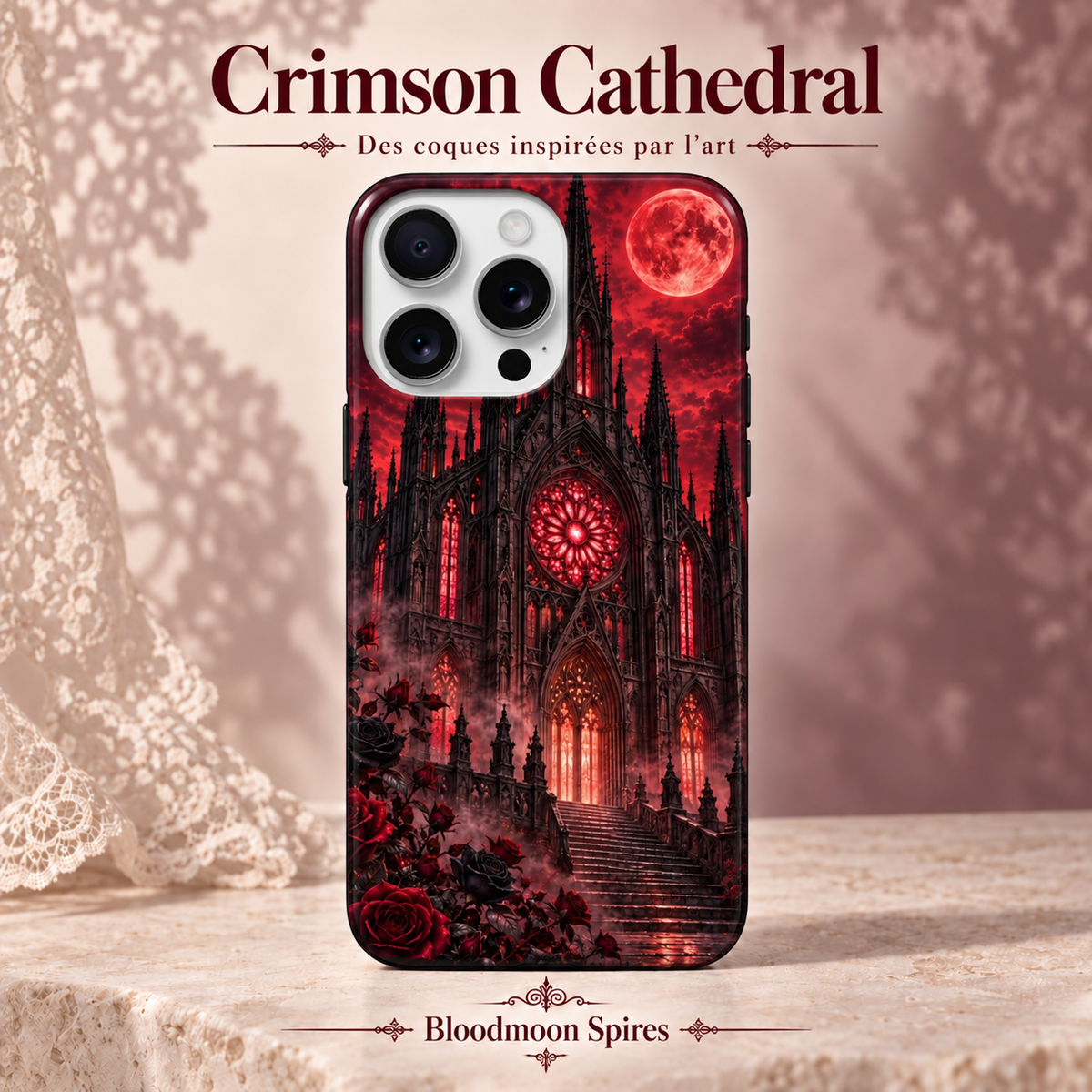 Crimson Cathedral — Bloodmoon Spires — coque illustrée sur fond rose poudré et dentelle