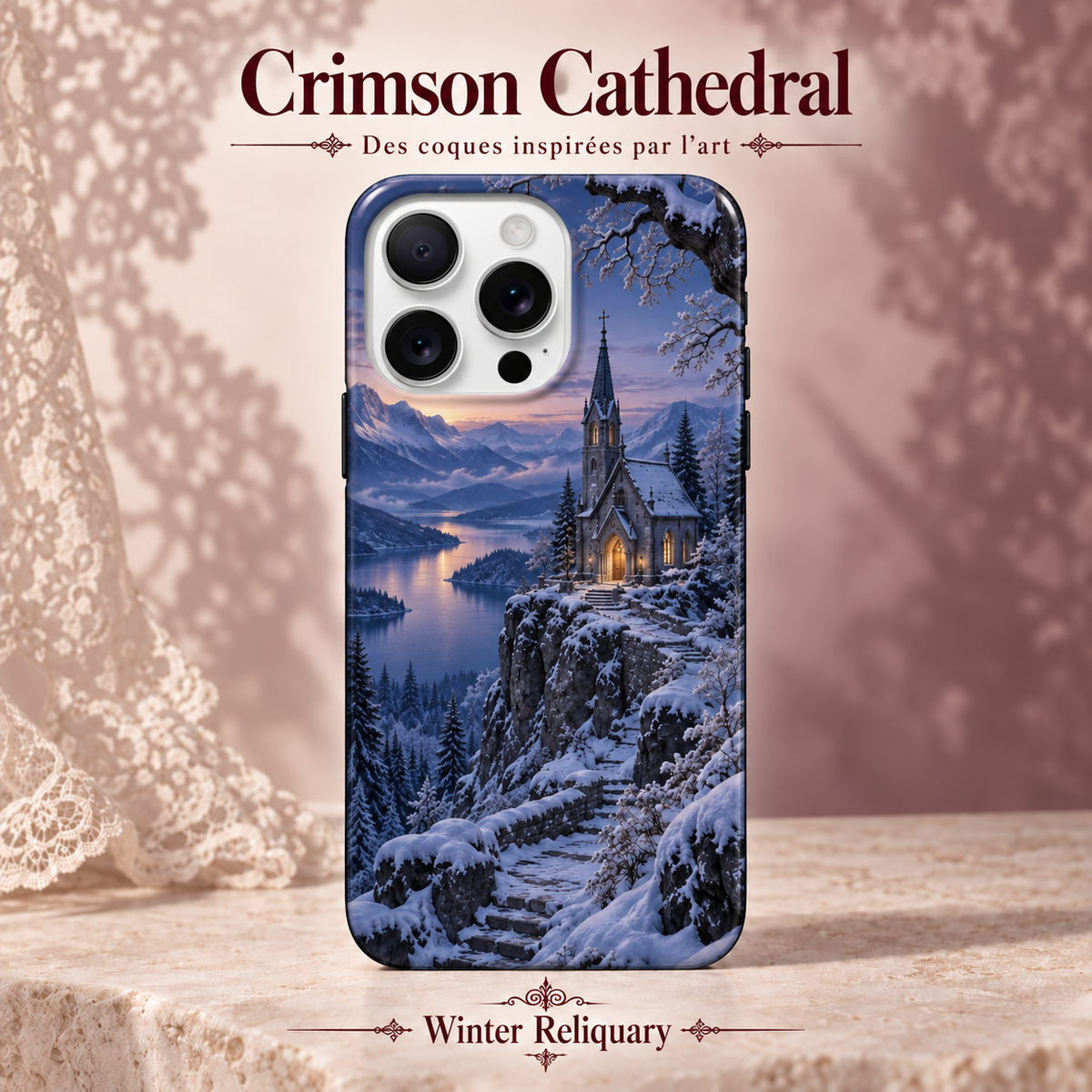 Crimson Cathedral — Winter Reliquary — coque illustrée sur fond rose poudré et dentelle